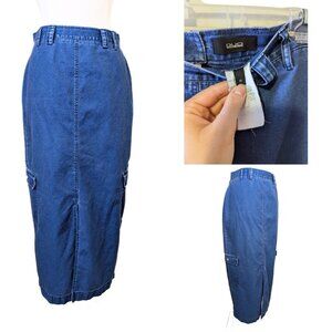 Vintage 90s Y2K Denim Midi Skirt w Pockets Slit Streetwear Retro Long Cotton Med